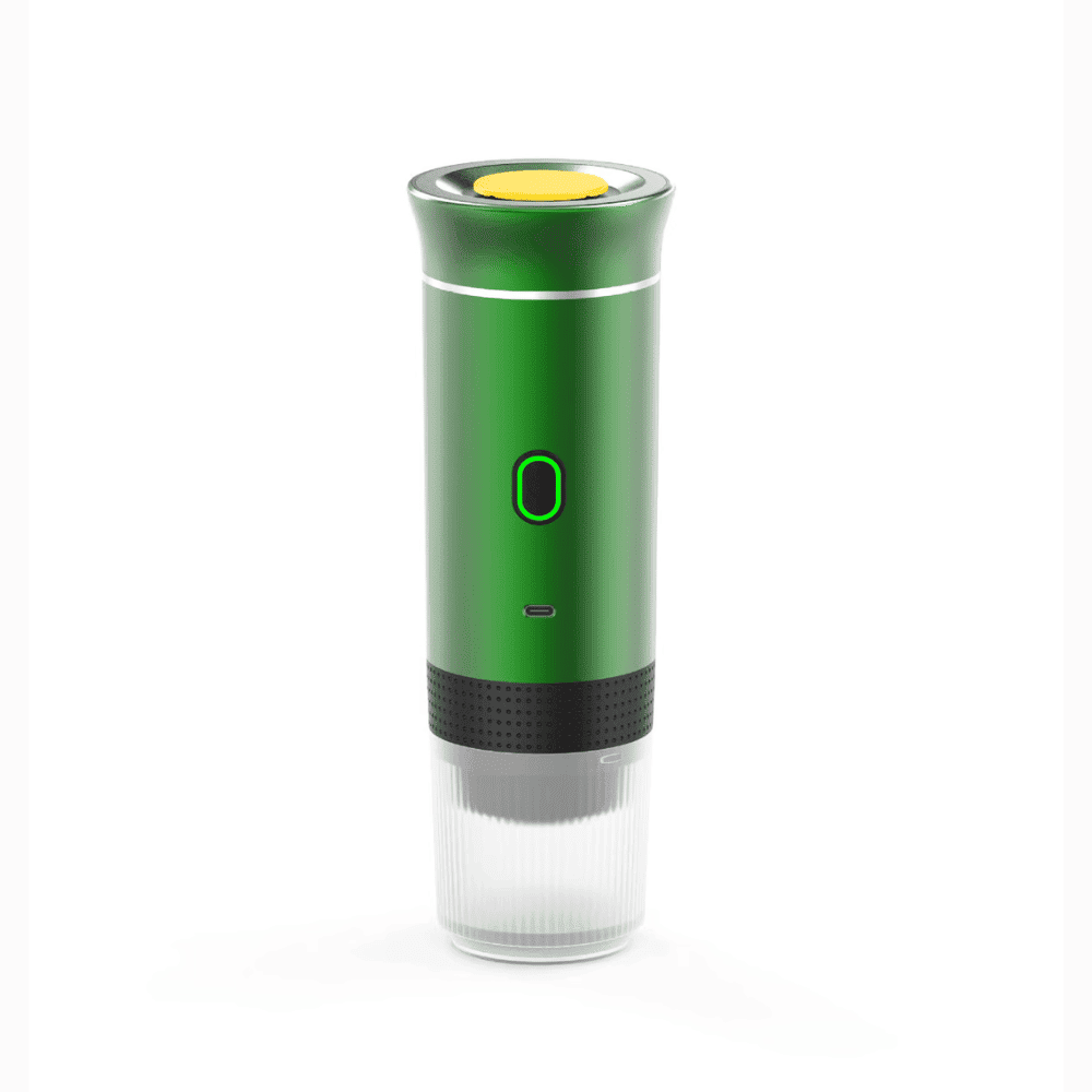 Green Portable Espresso Machine version highlighting stylish color and compact form for coffee on the go.