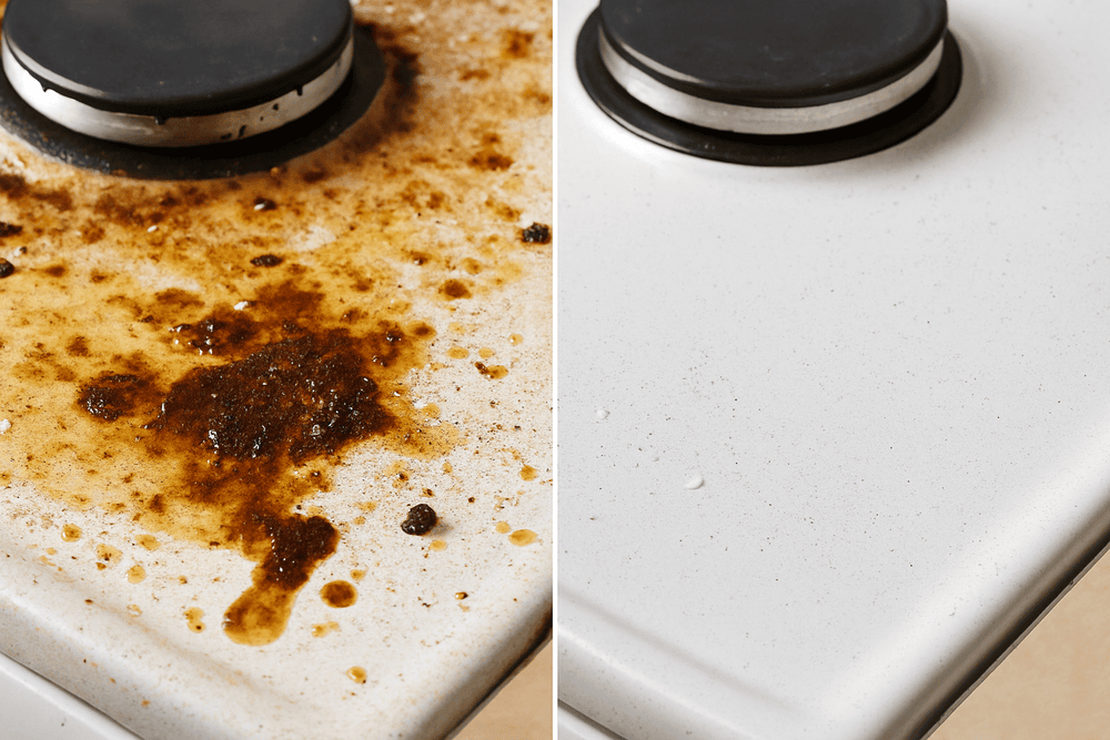 Before and after stove cleaning comparison using steam cleaner, highlighting deep cleaning capability