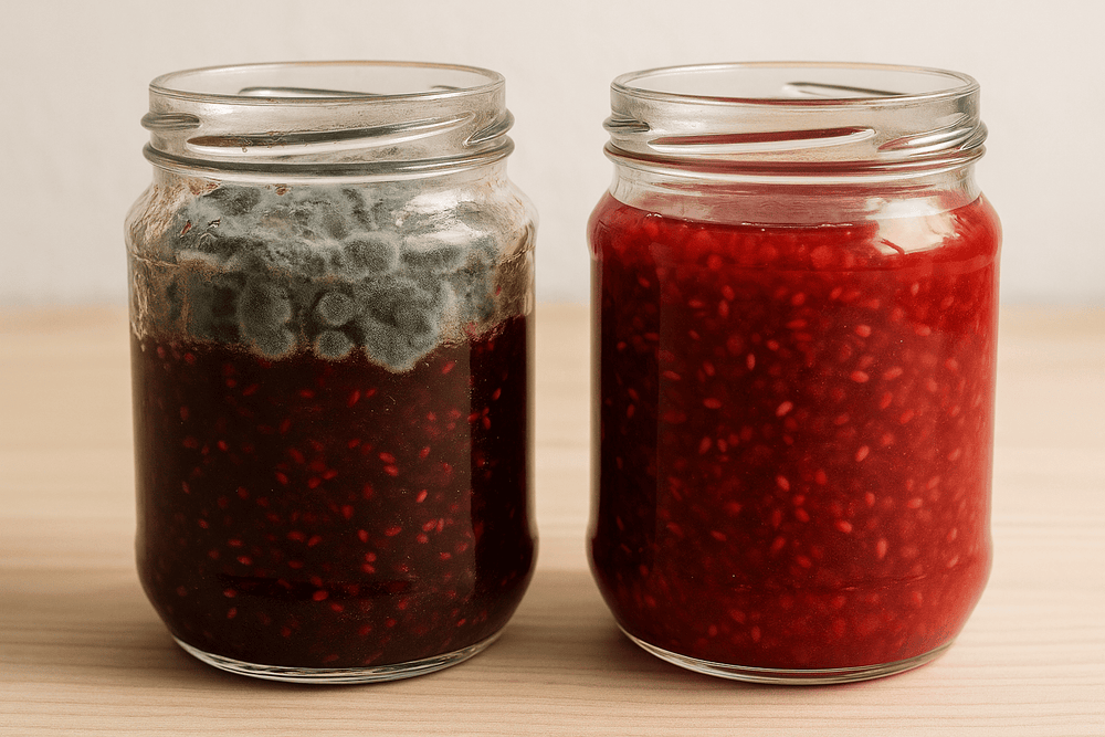 Before and after comparison of raspberry jam jar using vacuum sealing for freshness