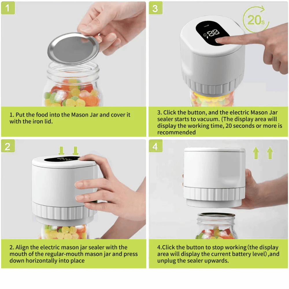 Step-by-step instructions showing how to use the electric vacuum jar sealer with mason jars.